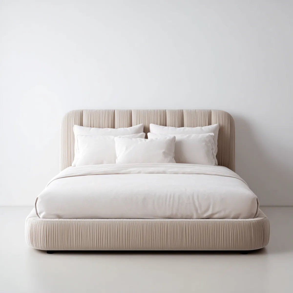 Letto matrimoniale imbottito beige 160 x 200 cm in poliestere con testiera arrotondata