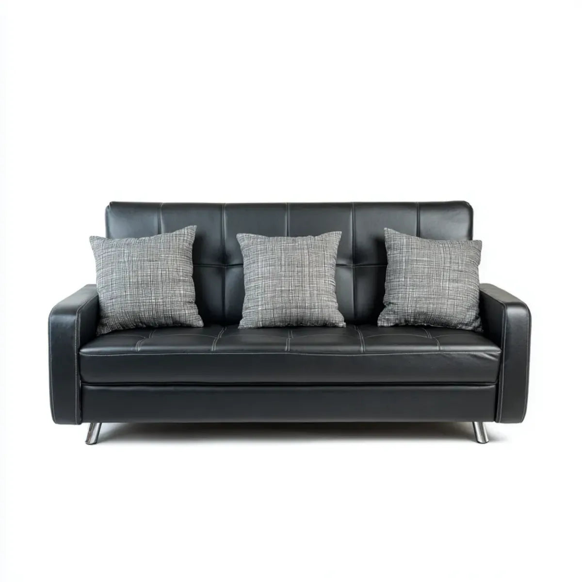 Divano 2 posti nero in pelle sintetica PU rettangolare 175 x 83 x 85 cm con 3 cuscini grigi