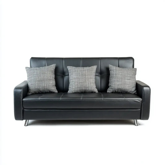 Divano 2 posti nero in pelle sintetica PU rettangolare 175 x 83 x 85 cm con 3 cuscini grigi