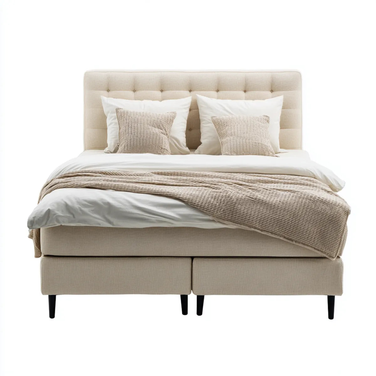 Letto matrimoniale imbottito beige 160 x 200 cm in poliestere con testiera rettangolare
