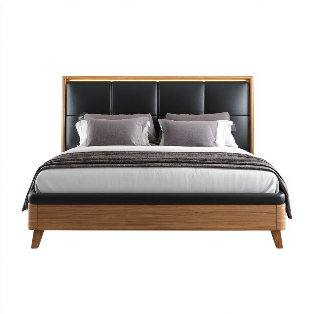 Letto matrimoniale 160 x 200 cm nero e noce in legno massello e PU rettangolare
