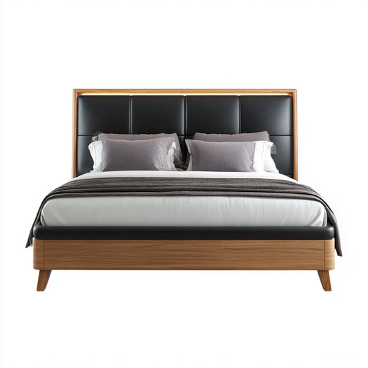 Letto matrimoniale 160 x 200 cm nero e noce in legno massello e PU rettangolare