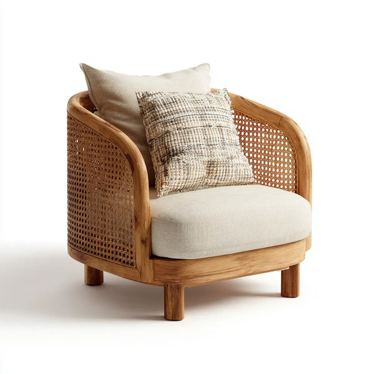 Poltrona da soggiorno beige con struttura in legno massello e rattan intrecciato 75 x 78 x 80 cm