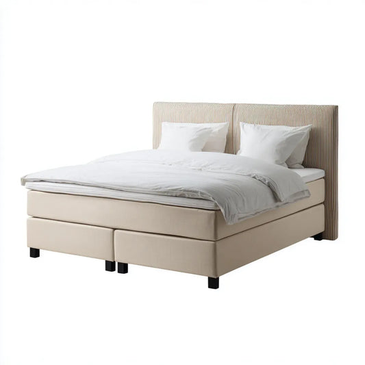 Letto matrimoniale boxspring beige 180 x 200 cm in poliestere con testiera rettangolare scanalata