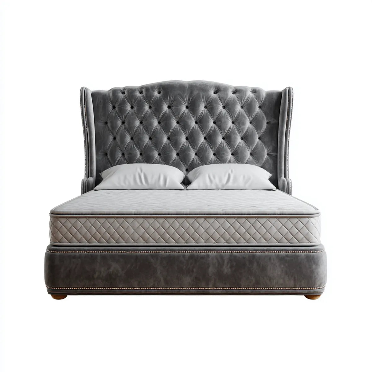 Letto matrimoniale imbottito grigio scuro 180 x 200 cm in velluto di poliestere con testiera capitonné alta
