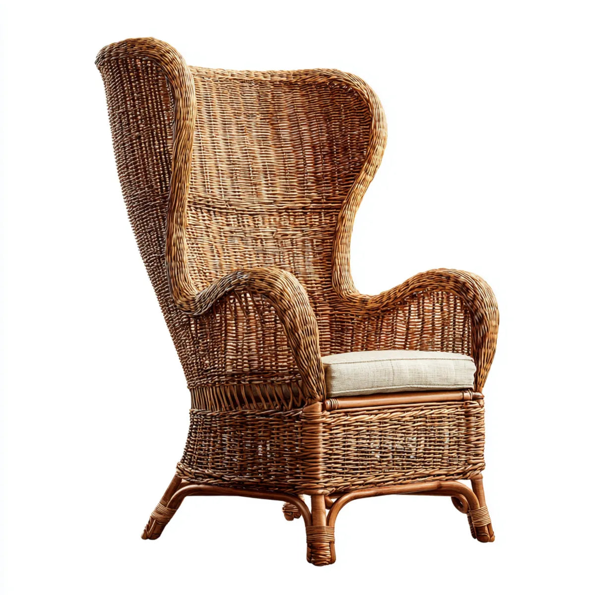Poltrona a orecchioni in rattan marrone con cuscino 76 x 88 x 140 cm