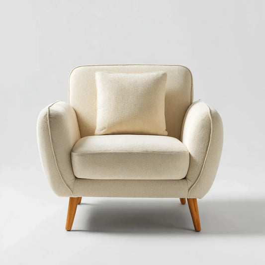 Poltrona da soggiorno imbottita beige in poliestere con gambe in faggio 82 x 78 x 88 cm forma arrotondata